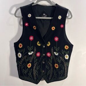 ASHLIN Sz S Suede Floral Embroidered Black Vest Satin Back Snap Buttons